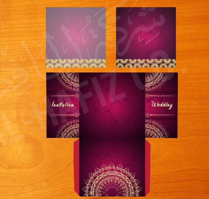 Iridescent Digital Printed Wedding Invitation Card Maroon with Metallic Gold & Silver Ink